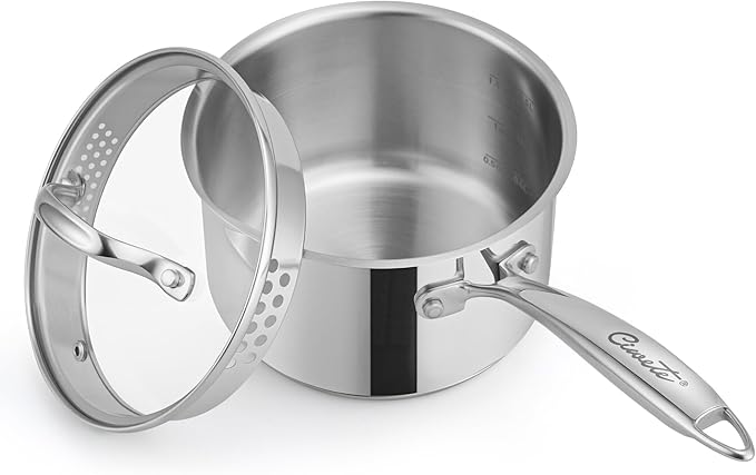 2 Qt Stainless Steel Saucepan with Glass Strainer Lid, 2 Quart Pot Stainless Steel Sauce Pan with Pour Spout, Mirror Polishing, Compatible with All Cooktops Dishwasher Safe Oven Safe