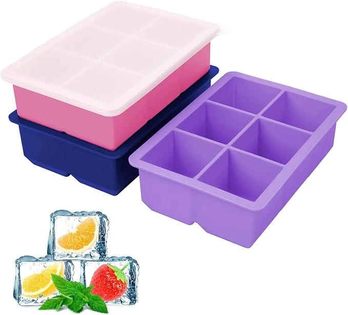 Silicone Ice Cube Trays 3 Pack - Large Size Silicone Ice Cube Molds with Leak Proof Removable Lid Square Ice Cube Tray And BPA Free for Cocktail,Whiskey, Stackable Flexible Ice