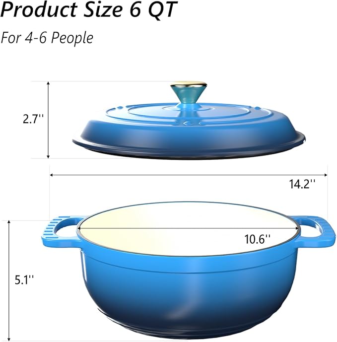 VINGLI 6QT Enameled Cast Iron Round Dutch Oven Pot with Lid, NonStick Casserole Pot with Dual Handles & Silicone GlovesRed, Oven Safe up to 500°F or on Stovetop, Dutch Oven for Bread Baking, Blue