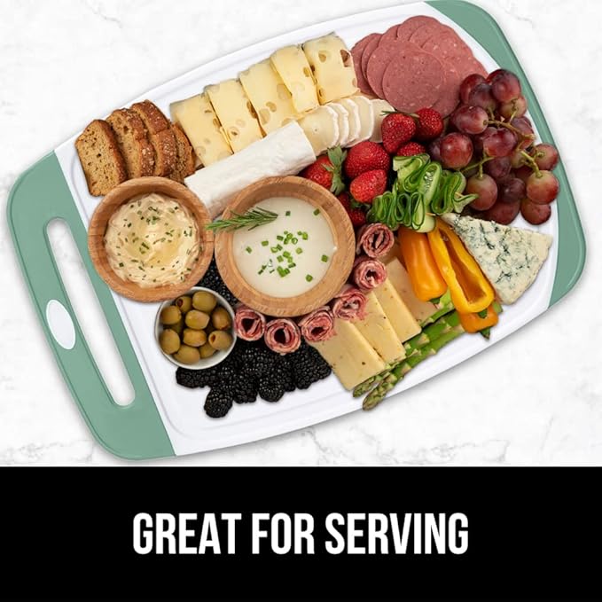 GORILLA GRIP BPA-Free Reversible Kitchen Cutting Board Set of 3, US Designed, Nonporous, Juice Grooves Catch Liquid, Slip Resistant Border, Dishwasher Safe Large Food Chopping Boards, Gray Mint Pink