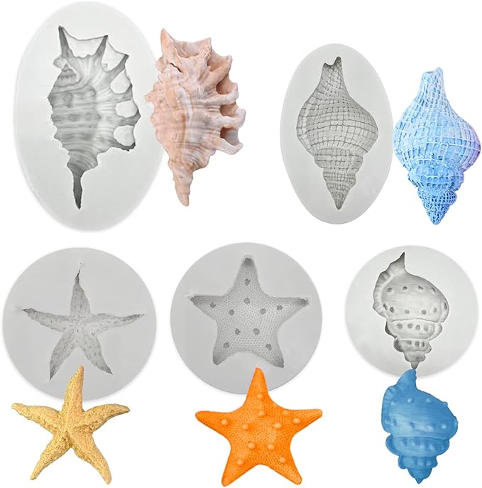 5 Pcs Seashell Starfish Silicone Mold Cake Fondant Silicone Mold Seashell Conch Baking Moldsfor DIY Cake Decoration Chocolate Candy Polymer Clay Crafting Projects