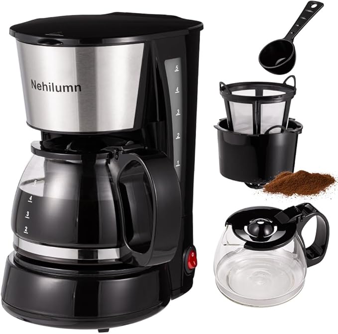 4-5 Cups Drip Coffee Maker, Coffee Pot Machine Permanent Coffee Filter, Mini,20Oz Electric Coffee Maker,650W Black and Stainless Steel