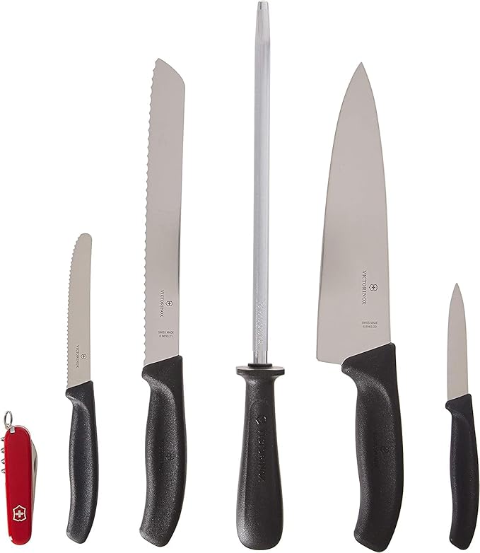 Victorinox Swiss Classic Knife Block - Kitchen Knife Set with Block for Home Essentials - Includes Chef's Knife, Bread Knife, Honing Steel & Pocket Knife - Black Handles, 7-Piece Set