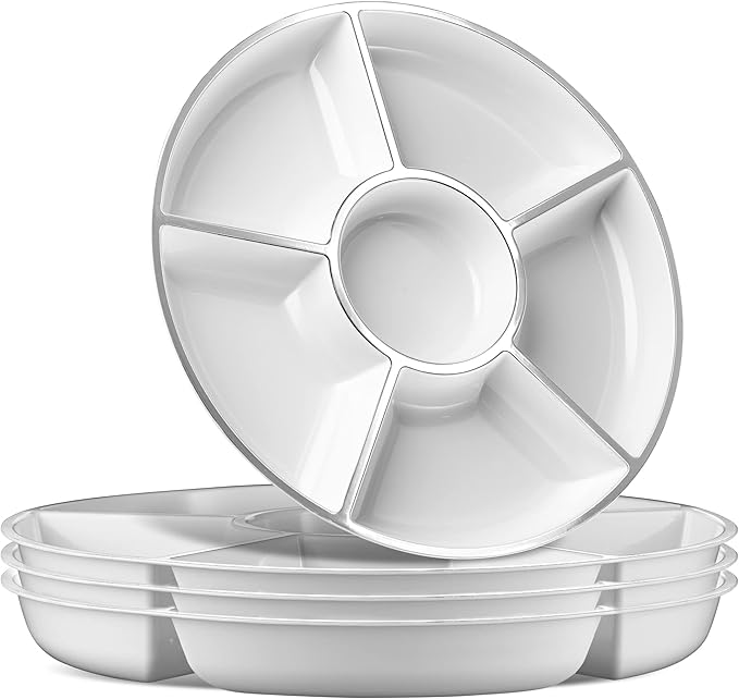 Plasticpro 6 Sectional Round Plastic Serving Tray/Platters White & Silver Pack of 2