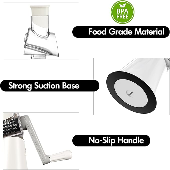 Rotary Cheese Grater with Handle, Kitchen Speed Hand Crank Vegetable Slicer, Potato Hash Brown Shredder Spinning Nut Grinder with 3 Replaceable Stainless Steel Drum Blades (White)