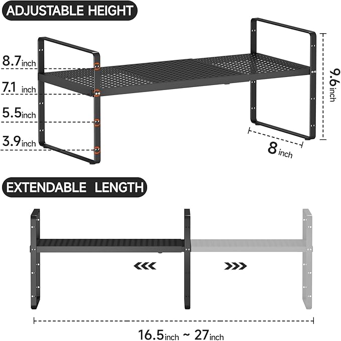 Expandable Cabinet Shelf Organizers, Stackable Metal Shelves Extender for Kitchen Countertop Storage, Adjustable Spices Shelves Rack Stand for Cupboard Pantry, Black