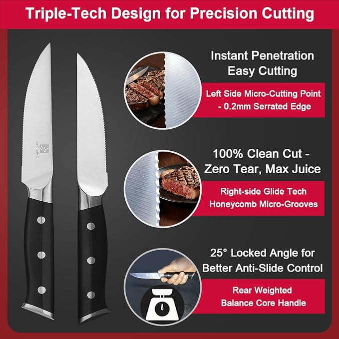 4.5 Inch Steak Knives Set of 6, Micro-Cutting Point Serrated Edge, Very Sharp Steak Knife, Dishwasher Safe, 50CR15MOV Stainless Steel, Handle Ergonomic And Full Tang Design With Gift Box