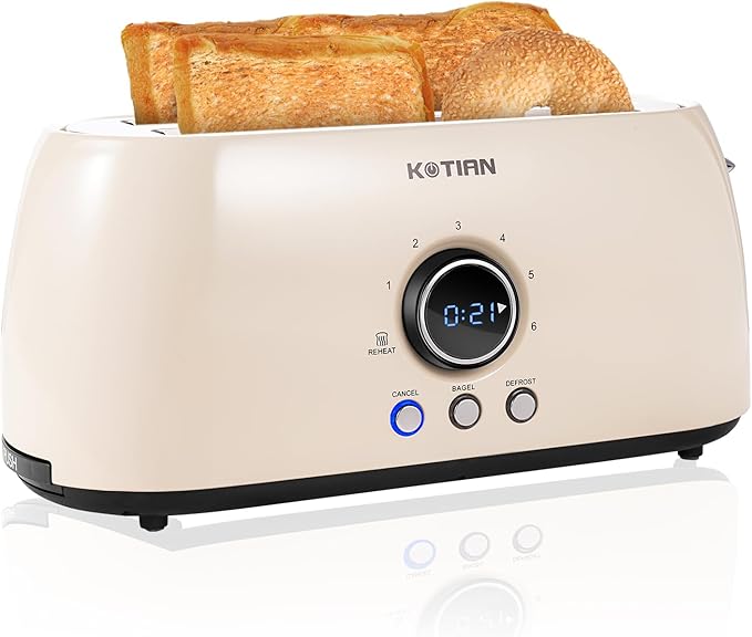 Toaster 4 Slice, KOTlAN Retro Long Slot Toasters with CountdownTimer,Stainless Steel Toaster,Bagel,Defrost,Reheat,Cancel Functions,Extra Wide Slots,6 Toast Settings,Removable Crumbs Tray,White
