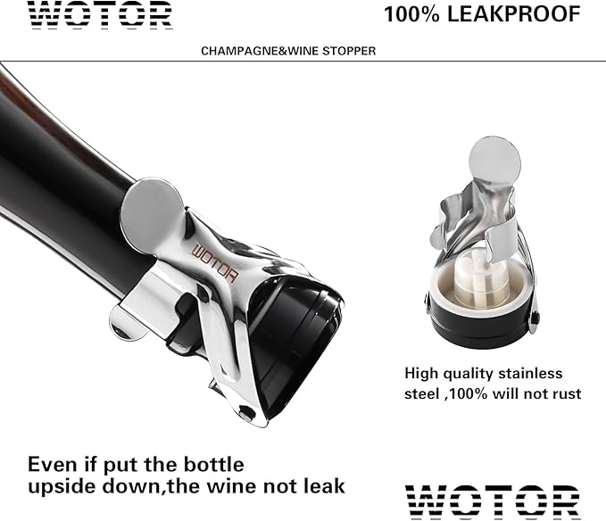 WOTOR Champagne&Wine Bottle Stoppers Stainless Steel with Food Grade Silicone, Leak Proof Keep Fresh Reusable Saver, Cork Suitable for Wine, Champagne, Cava, Prosecco and Sparkling (4 Pack Silver）