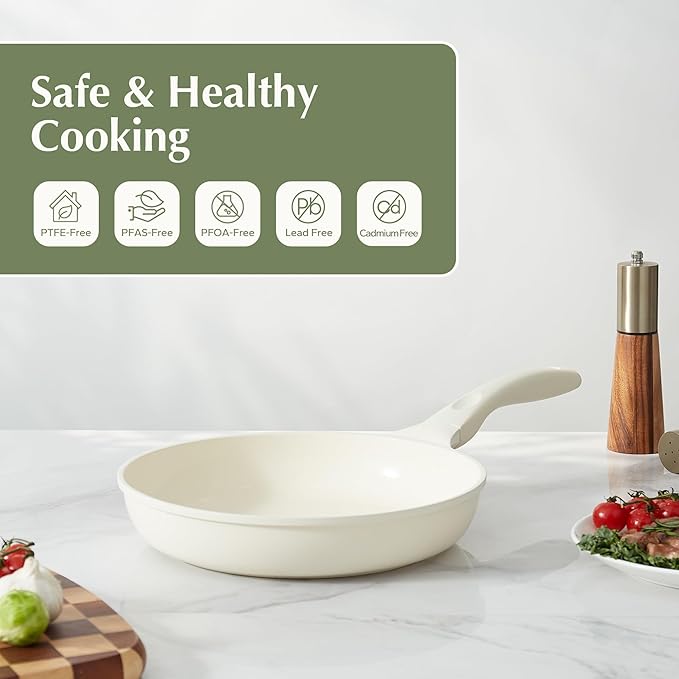 Redchef Ceramic Pan Nonstick, Nonstick Frying Pan, Large Fry Pans, PFAS & PFOA-Free, Non-Toxic, Induction Compatible Pans, Ergonomic Handles, Suitable for All Stove, Beige White, 11"