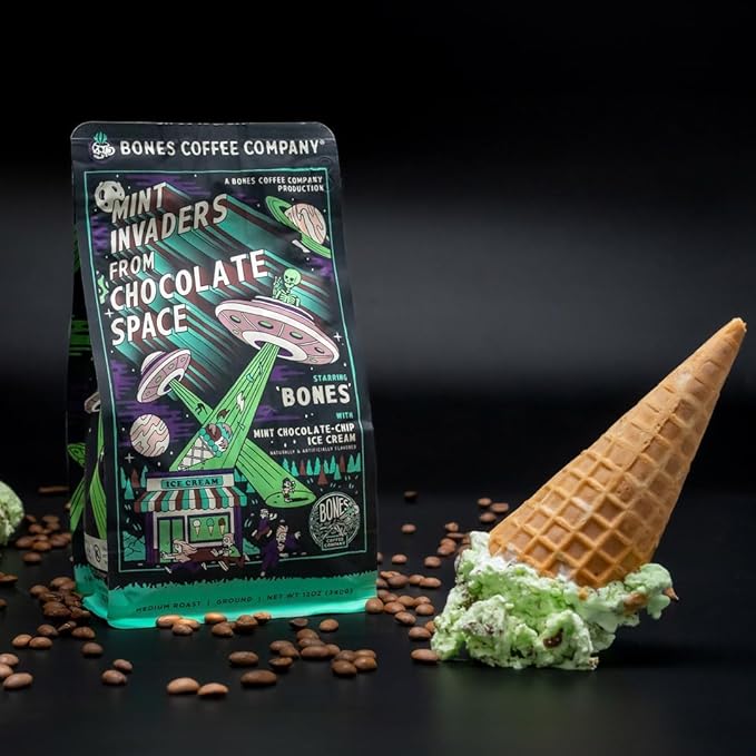 Bones Coffee Company Mint Invaders, Mint Chocolate Chip Flavored Coffee, Medium Roast Low Acid Arabica Beans Compatible with Auto drip and French Press Coffee Maker, 12 Oz Ground