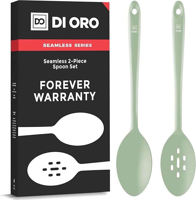 DI ORO Silicone Spoons for Cooking - Large Kitchen Spoons for Mixing, Serving, & Stirring - 600°F Heat-Resistant Non Stick Utensils – Big Solid & Slotted Basting Spoons - Dishwasher Safe (2pc, Sage)