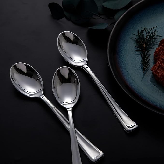 Liacere 200PCS Silver Plastic Spoons - Heavy Duty Disposable Spoons - dessert Spoons for Wedding & Party & New Year & Valentine's Day