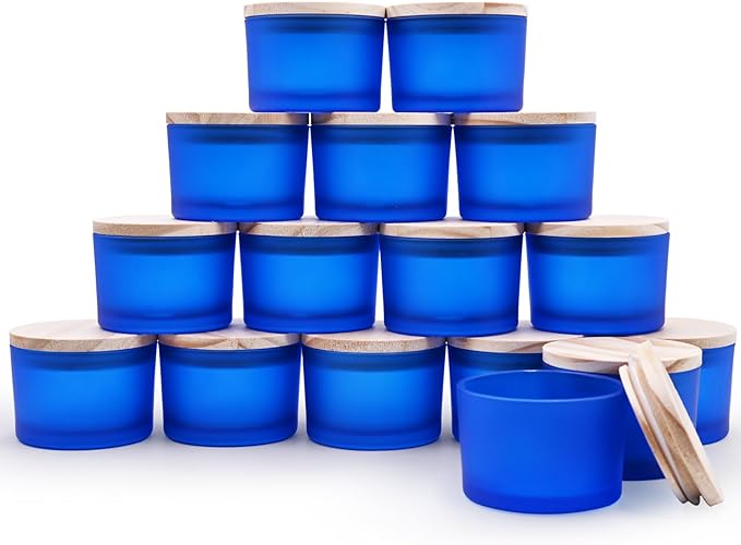 SHOWIN Thick Candle Jars for Making Candles 16 Pcs, 4 OZ Empty Jars with Wood Lids for Candle Making, Sample Container - Dishwasher Safe, Frosted Blue