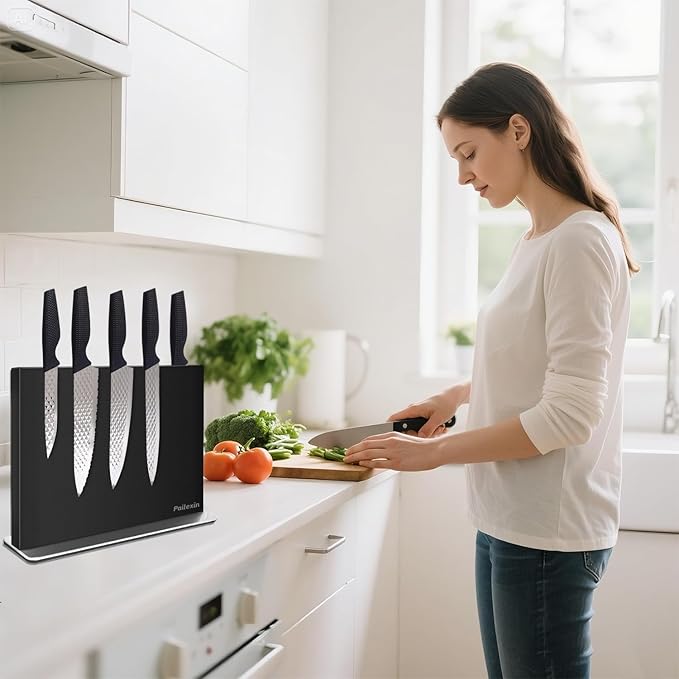 Magnetic Knife Block Without Knives—Black Stainless Steel Double-Sided Magnetic Knife Holder Stand with Strong Magnets, Knife Storage Organizer for Kitchen Counter top