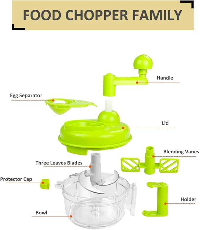 Cambom Manual Vegetable Cutter Food Processor 8 in 1 - Chopper, Mixer, Blender, Whipper, Egg Separator, Mincer, Grinder, Dicer with Clear Container 1200ml BPA Free
