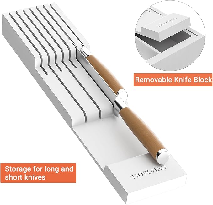 Bamboo-Silverware-Drawer-Organizer-Kitchen, Expandable Utensil Holder Cutlery Tray Flatware Organization Adjustable Wood Tableware Dividers Storage (with Removable Knife Block)(White)