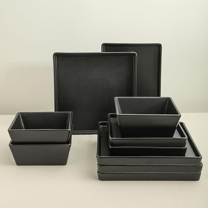 Stone Lain 24 Pieces Stoneware Square Dinnerware Set, Black Matte