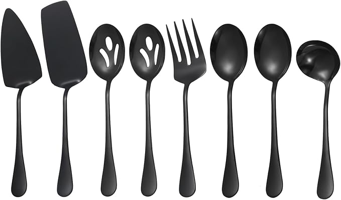 Black Serving Utensils,8 Pcs Stainless Steel Serving Utensil Set Include Serving Spoons,Serving Fork,Soup Ladle,Lasagna Server,Pie Server,Large Serving Set for Parties Buffet Home,Dishwasher Safe