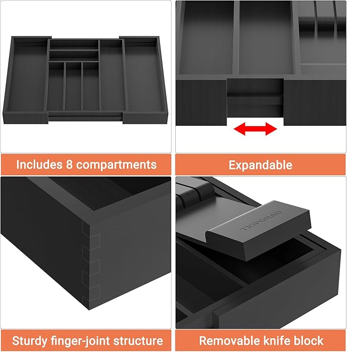 Bamboo-Silverware-Drawer-Organizer-Kitchen, Expandable Utensil Holder Cutlery Tray Flatware Organization Adjustable Wood Tableware Dividers Storage (with Removable Knife Block)(Black)