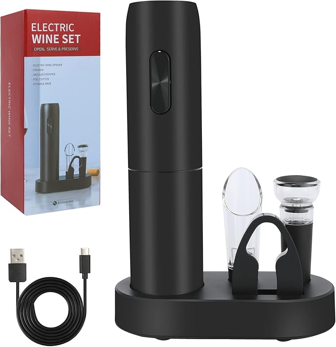 Electric Wine Bottle Opener Set with Charging Base- Black, Automatic Wine Bottle Opener with Led Light, Rechargeable Corkscrew Kit with Aerator，Foil Cutter，Stoppers