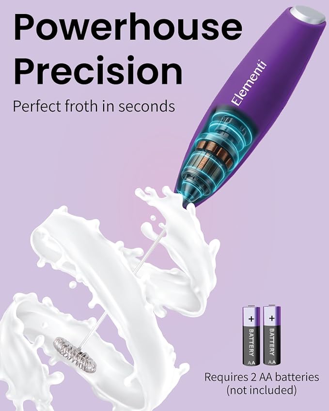 Elementi Milk Frother Wand & Drink Mixer - High Powered Hand Blender, Handheld Coffee Mixer Wand with Stand - Milk Foamer to Make Perfect Cappuccino Lattes & Hot Chocolate at Home (Purple)