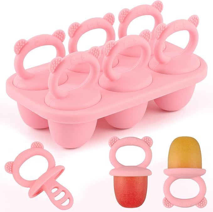 HUAKENER Mini Popsicle Molds, Silicone Popsicle Mold for Toddlers, 6-Cavity Ice Pop Molds with Handle for Making Healthy Baby Food, Breastmilk Popsicle (Pink)