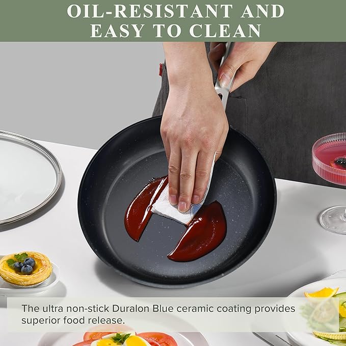 Nuwave Healthy Duralon Blue Ceramic Nonstick Cookware Set, Diamond Infused Scratch-Resistant, PFAS Free, Dishwasher & Oven Safe, Induction Ready & Evenly Heats, Tempered Glass Lids & Stay-Cool Handles