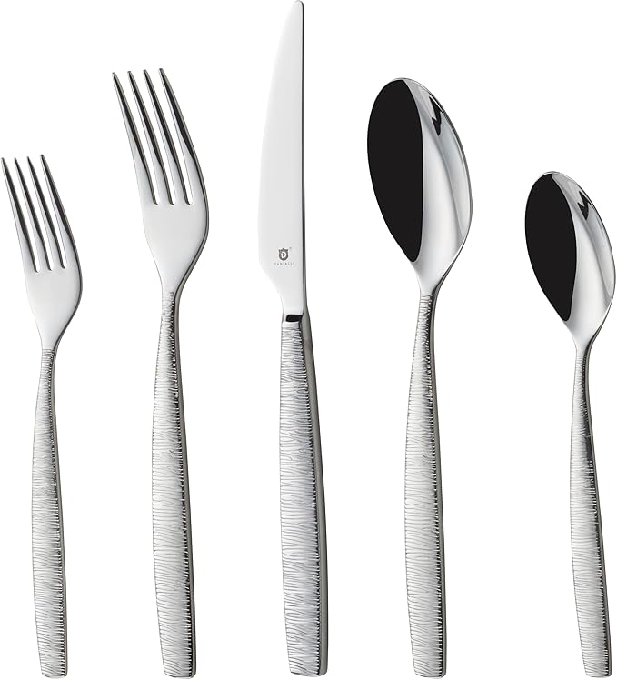 Engraved Silverware Set for 8 | 18/10 Stainless Steel Flatware with Mirror Finish and Engraved Handles | Heavy-Duty, Dishwasher Safe, Built to Last (40-Piece, Mezzano Engraved)