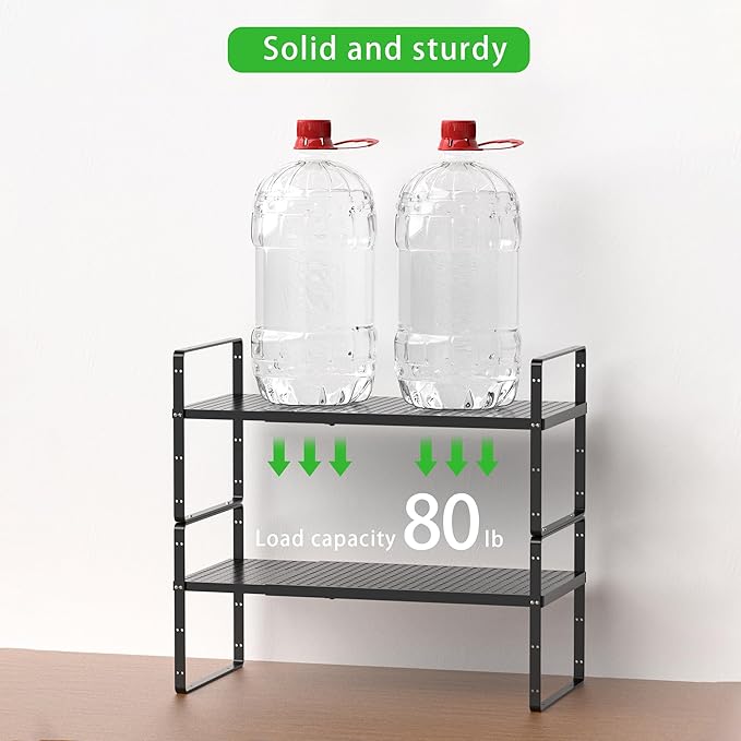 Expandable Cabinet Storage Shelf Stackable Organizer Rack for Kitchen Bathroom Pantry Spice Cupboard Coffee Countertop Home Office Desk Heavy Duty Nonslip Black Large 3 Packs