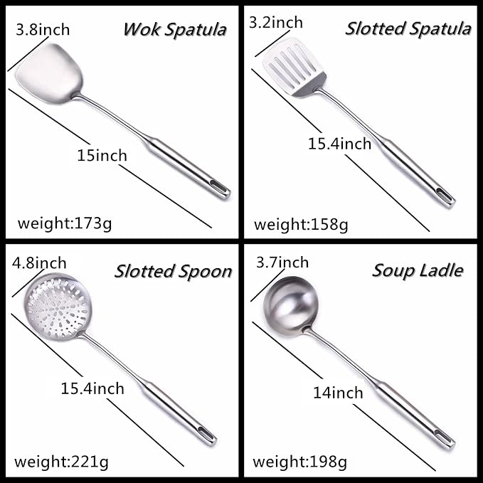 304 Stainless Steel Cooking Utensil Set 4-Piece Kitchen Utensils with Extra-Long Handles, Spatula,Ladle,Slotted Spoon,Slotted Spatula,One-Piece Construction, Ideal for Wok, Grilling, and Gifting