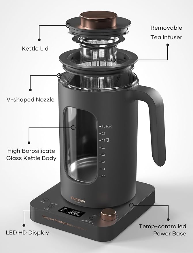 Electric Tea Kettle, INTASTING Glass Electric Kettle with tea Infuser and Precise knob temperature control, 1200W Fast Heating, BPA-Free, Easy to Clean, for Tea and coffee, 1 Liter (Dark Gray)