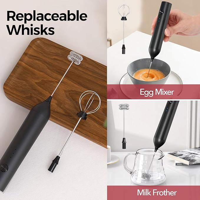 YARRAMATE Electric Milk Frother Wand with Stainless Steel Whisk and Stand, Fast Rechargeable Coffee Mixer with 3 Speeds, Handheld Drink Stirrer, Whisk Foam Maker for Lattes, Cappuccino, Matcha (Black)