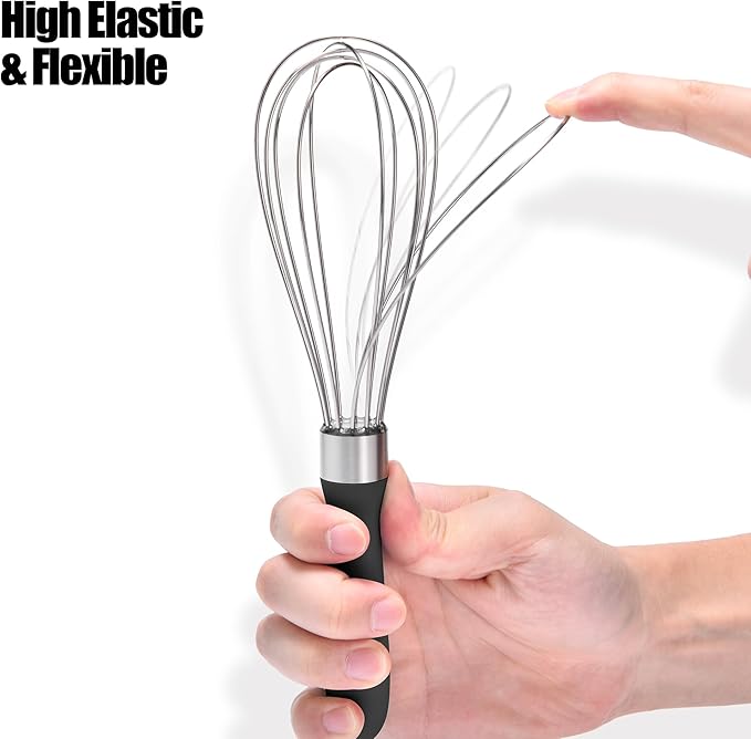 18/8 Stainless Steel Balloon Whisk, Doosu Kitchen Whisk for Cooking Handheld Egg Beater with Rust-Proof Sturdy Wires & Non-Slip Silicone Handle for Beating, Stirring, Blending (6 Wires, Black)