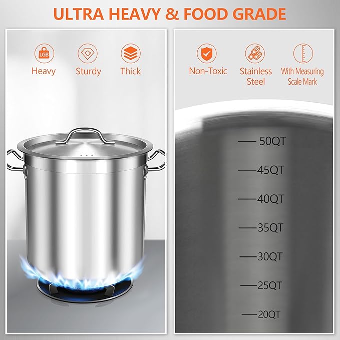 50 Quart Stainless Steel Stock Pot with Lid – Heavy Duty Large Cooking Pot for Soup, Stew, Chili – Commercial Grade, Induction Compatible – Great for Home & Catering
