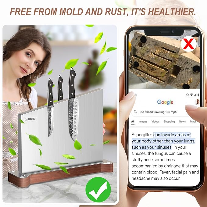 Large Magnetic Knife Block Holder Without Knives for Kitchen Counter, Stainless Steel Material Magnetic Knife Storage Stand Rack with Strong Double Sided Magnet and Wood Base - 16.15 x 11 Inches