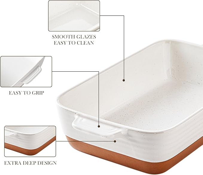 MALACASA Baking Dish 4.8 Qt Ceramic Casserole & Lasagna Pan, 9x13 Inch Deep Rectangular Oven Safe Dish with Handles for Baking, Roasting, Serving (Khaki & White) - Series Tara