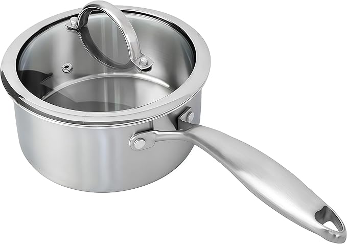 Stainless Steel Small Brushed Saucepan With Lid, Induction Cooking Sauce Pot Pans, 18/10Tri-Ply Heavy Bottom Saucier Cookware, Dishwasher Safe & Oven Safe (2.5QT)