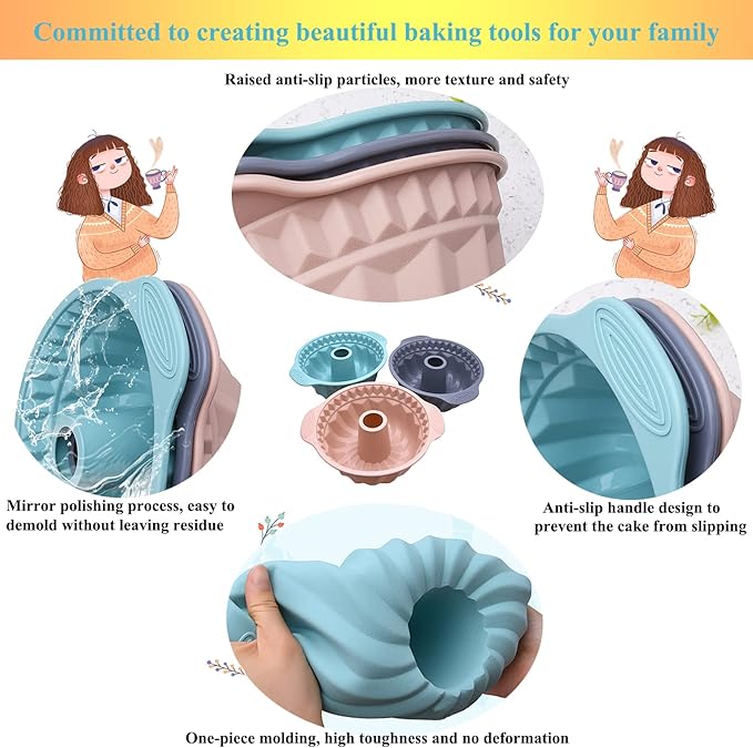 Kenond 2 PCS 9.5 Inch Silicone Cake Pans, Non-stick Fluted Cake Pan with Sturdy Handle, Cake Baking Molds, Perfect Bakeware for Cake, Jello, Gelatin, Bread, Para Gelatinas (Blue)