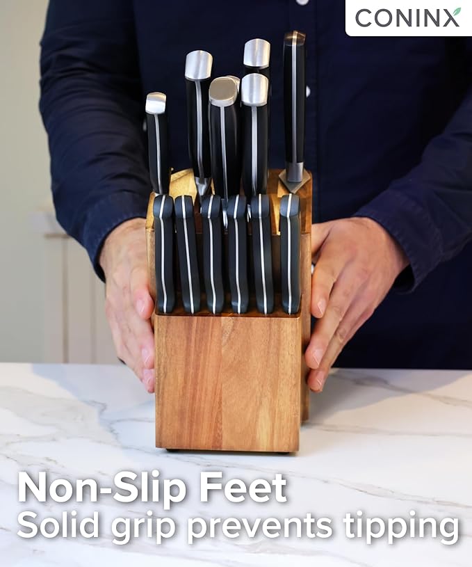 Coninx Universal Knife Block with Built-In Sharpener – 15-Slot Acacia Wood Knife Organizer Stand for Kitchen Counter – Non-Slip Holder Fits Chef, Bread, Steak Knives & Scissors