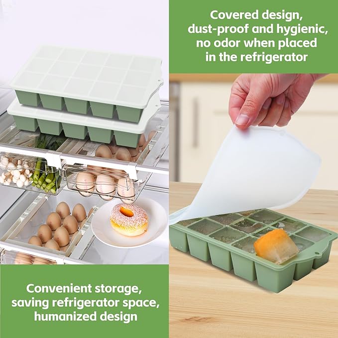Silicone Ice Cube Tray, 2 Pack Easy-Release Stackable Ice Trays for Freezer with Lid 15 Reusable Cubes, Food Grade BPA Free Ice Molds for Whiskey, Baby Food, Coffee, Cocktail (Blue+Green)