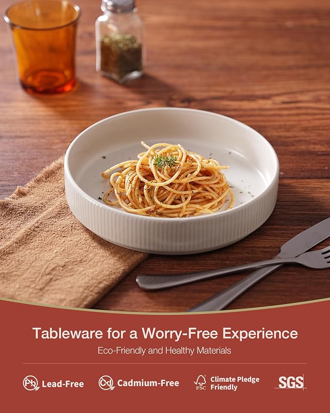 famiware Star 8.25" Pasta Bowls, Large Dinner Bowls Set of 6, Salad Bowl Plates, Shallow Bowls for Eating, Matte White (Full Glaze)