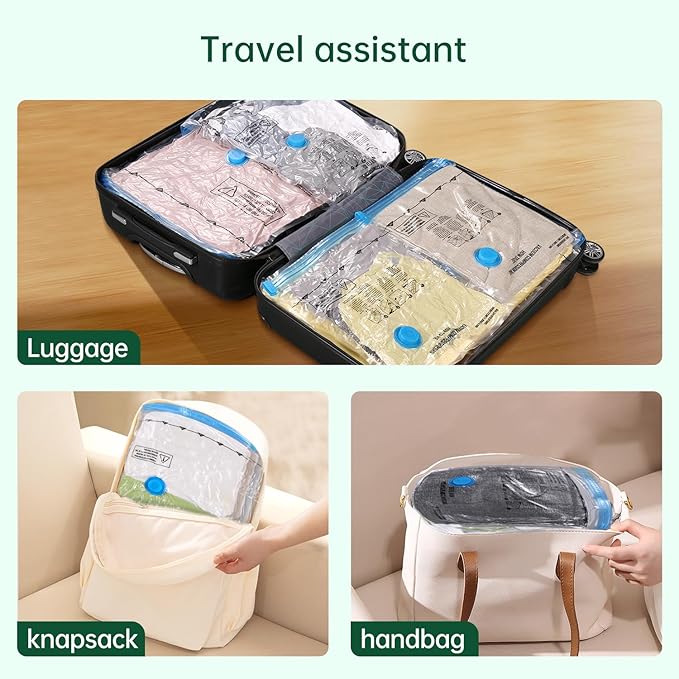 BRODI 10 Combo Pack Travel Vacuum Bags with Pump - Space Saver & Travel Essentials, Clothing & Luggage Vacuum Seal Bags