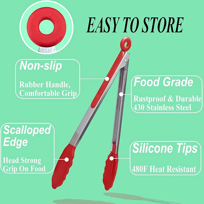 HST Tongs for Cooking with Silicone Tips(3 Pack), Non Stick Kitchen Tongs with Silicone Tip for Cooking BBQ Baking (12", Red)
