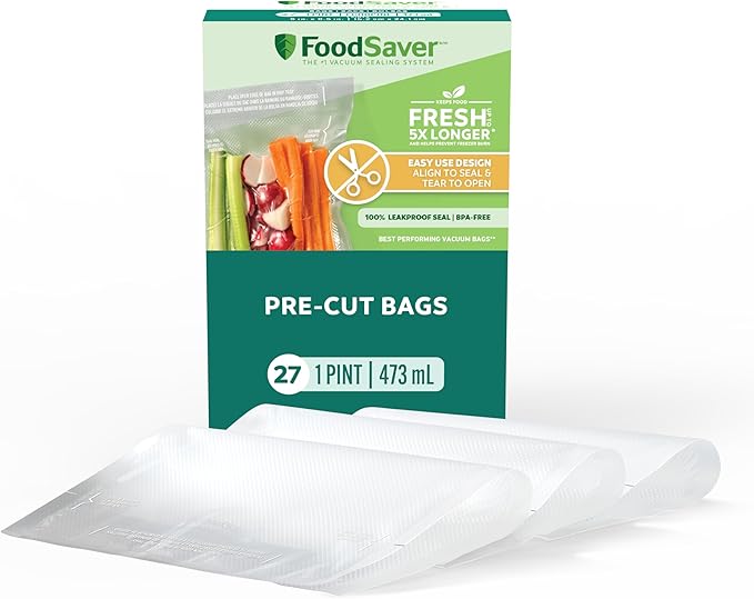 FoodSaver Pint Pre-Cut Vacuum Seal Bags, Easy Use Vacuum Storage Bags, Align to Seal and Tear to Open Vacuum Sealer Storage Bags, 27 Pack