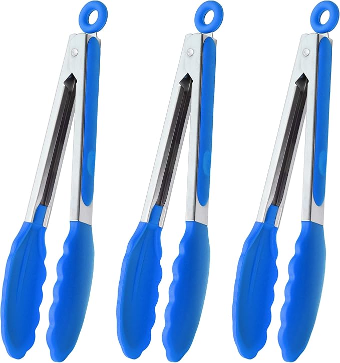 9-Inch Cooking Tongs with Silicone Tips, Set of 3 (Blue)