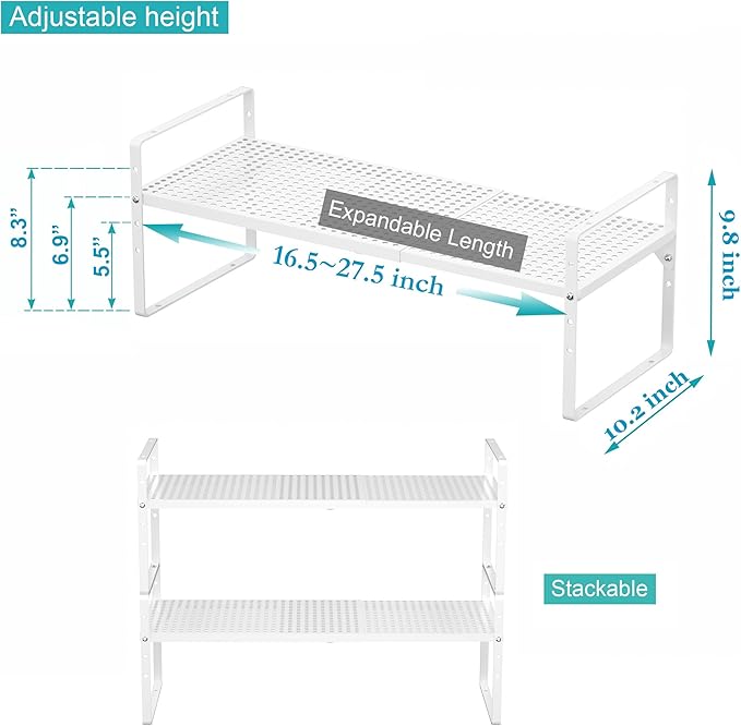iPEGTOP 2 Pack Large Expandable Cabinet Storage Shelf, Heavy Duty Stackable Steel Metal Spice Rack Adjustable Height Home Office Pantry Garage Shelves for Counter Kitchen Organization, White