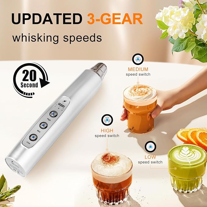 YUSWKO Rechargeable Milk Frother Handheld with 3 Heads, Silver Coffee Electric Whisk Drink Foam Mixer, Mini Hand Stirrer with 3 Speeds Adjustable for Latte, Cappuccino, Hot Chocolate, Egg