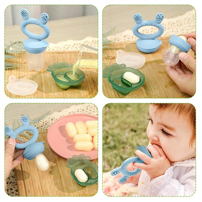 Haakaa Baby Fruit Food Feeder & Mini Freezer Nibble Tray Combo, Breastmilk Popsicle Molds for Baby Cooling Relief, BPA Free Silicone Feeder for Safe Infant Self Feeding, 4 Month+ (Sky Blue)