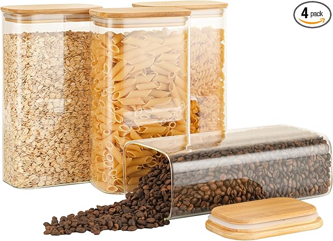 56oz Rectangle Airtight Glass Storage Containers with Bamboo Lids (Set of 4), Square Food Storage Jar, Pantry Organizers for Oats, Cereal, Pasta and Coffee beans (‎with Black Lable)